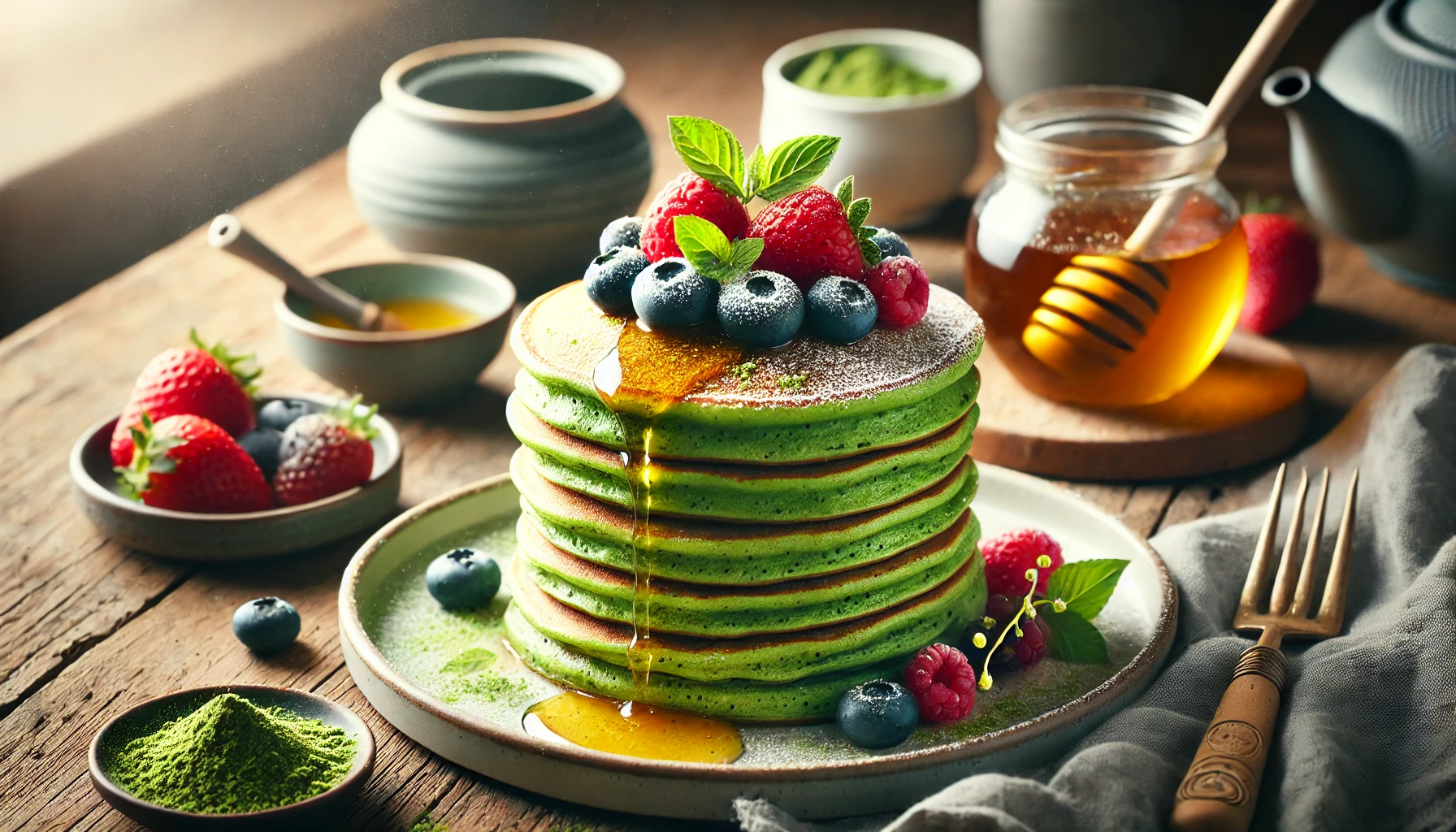 Japanese Matcha Pancakes with Honey Drizzle